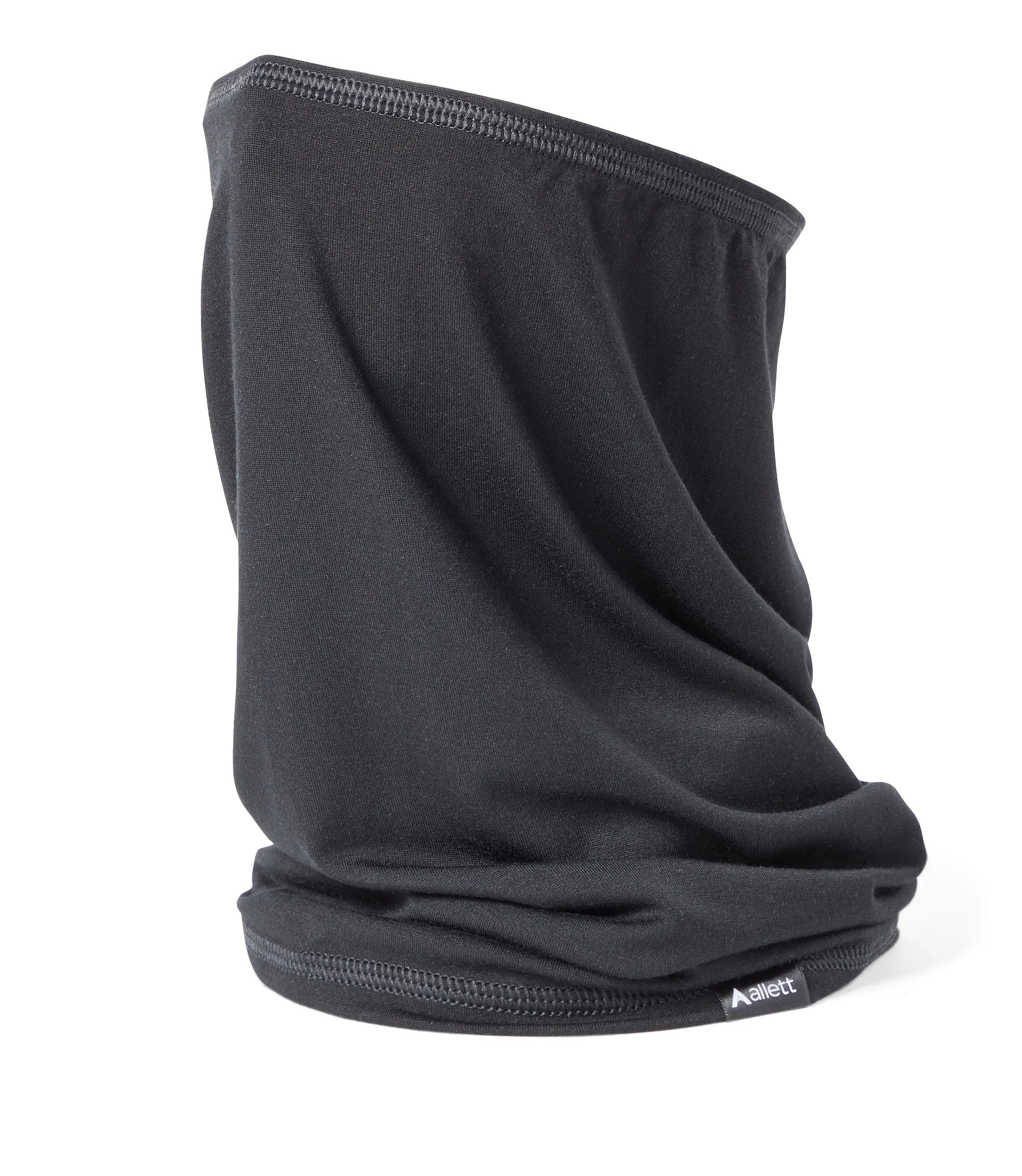 Photo is of a black neck gaiter made in TENCEL MicroModal fabric in black. black