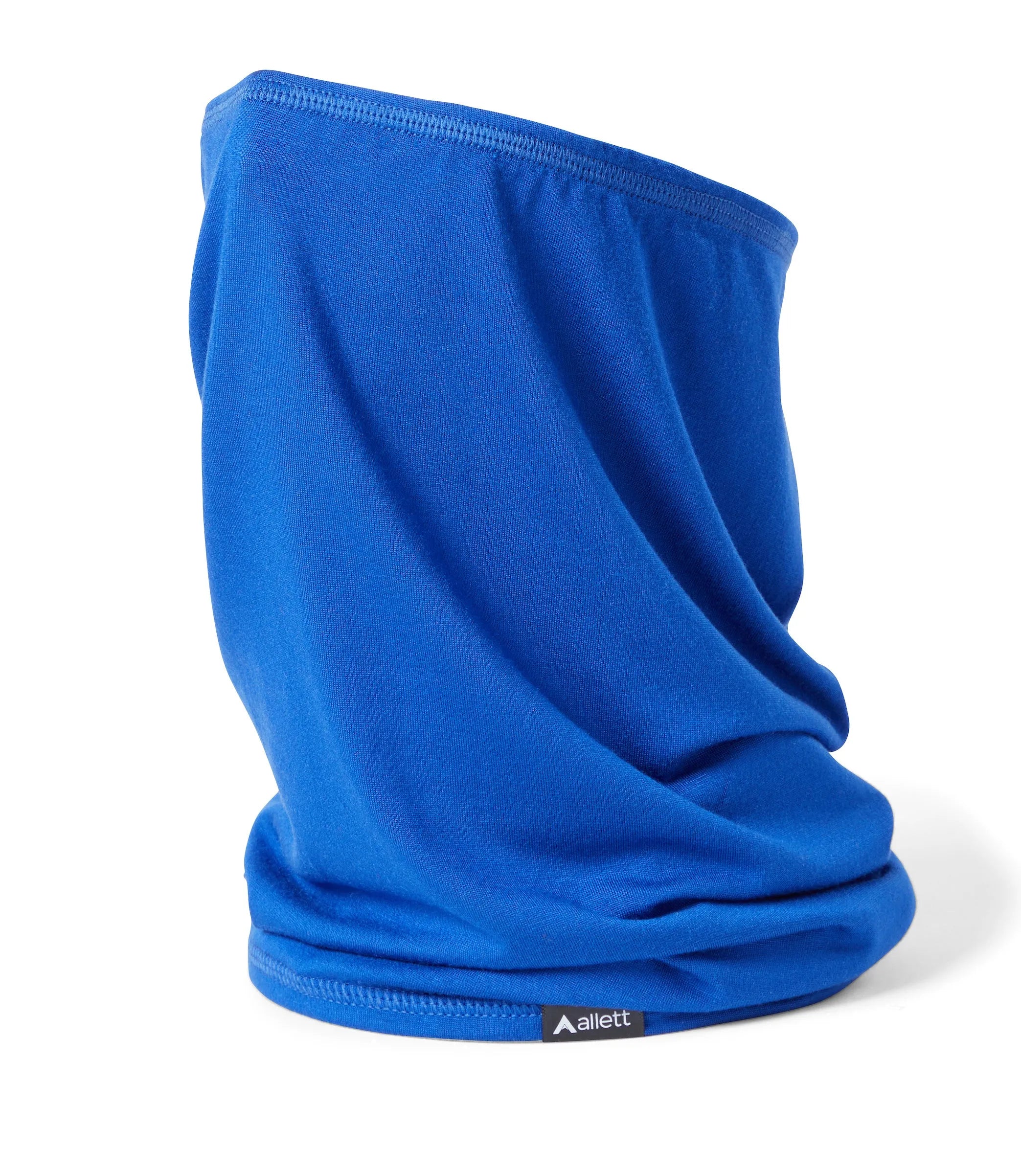 Profile view of a cobalt blue neck gaiter made with beech tree pulp. cobalt-blue