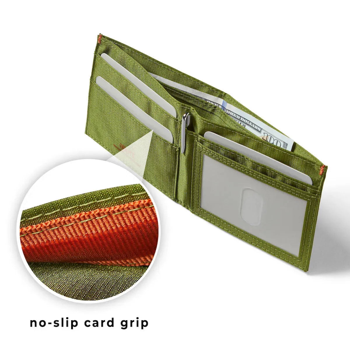 Cala green colored nylon ID wallet from Allett that has a magnified circle to show the no slip grip -Allett ID Wallet Nylon RFID cala-green