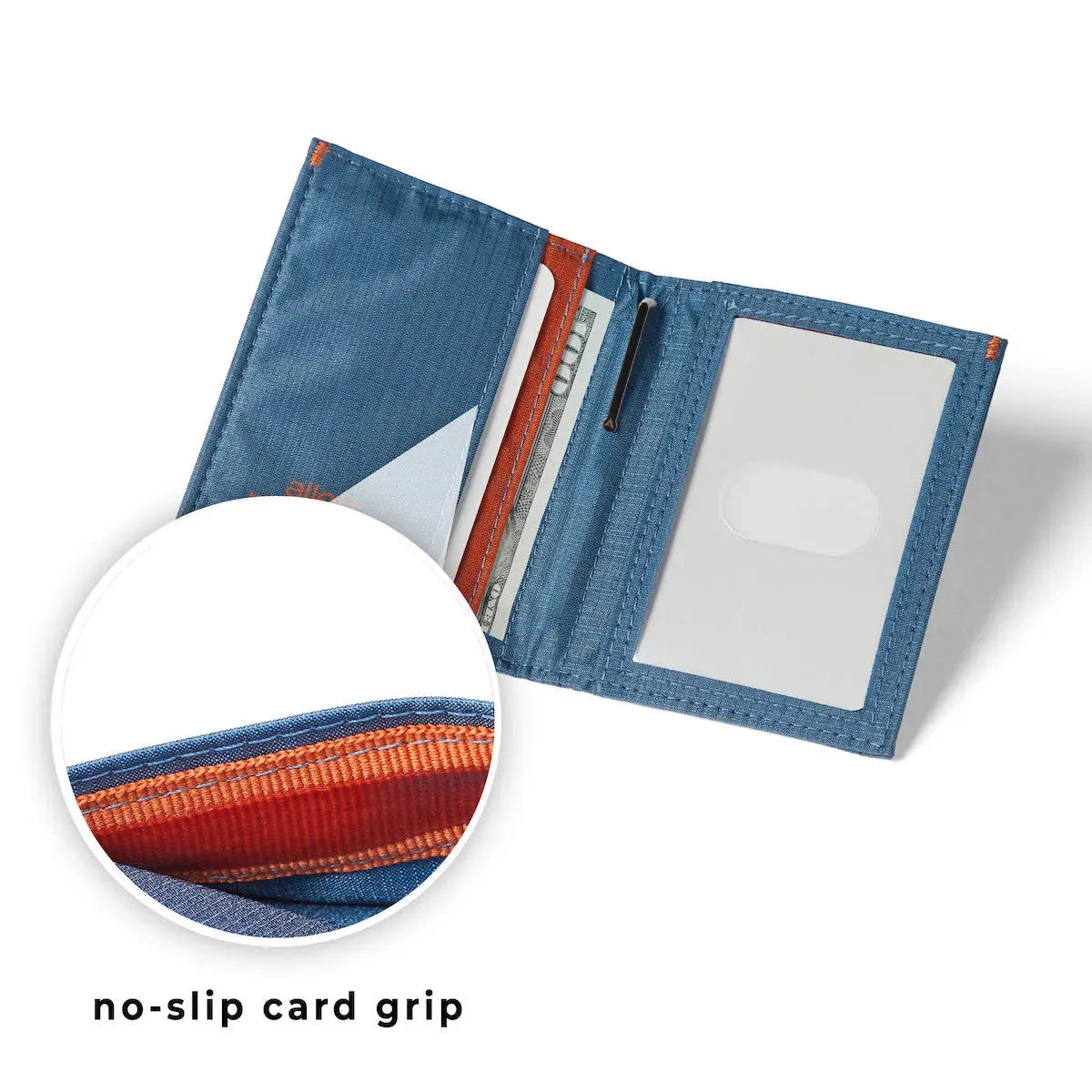 Highlighted section of the indigo blue hybrid card wallet to show the grip that prevents cards from slipping out. Allett Hybrid Card Wallet indigo-blue