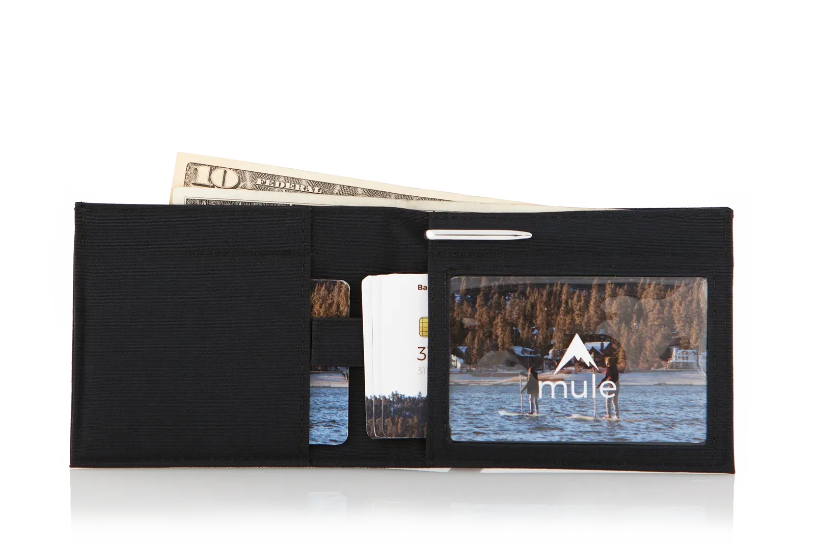 Open vegan nylon lookout wallet with cards on the left and ride interior and a pull tab that pulls out hidden cards. There is an ID window on the right side. Allett Lookout Nylon Wallet - black