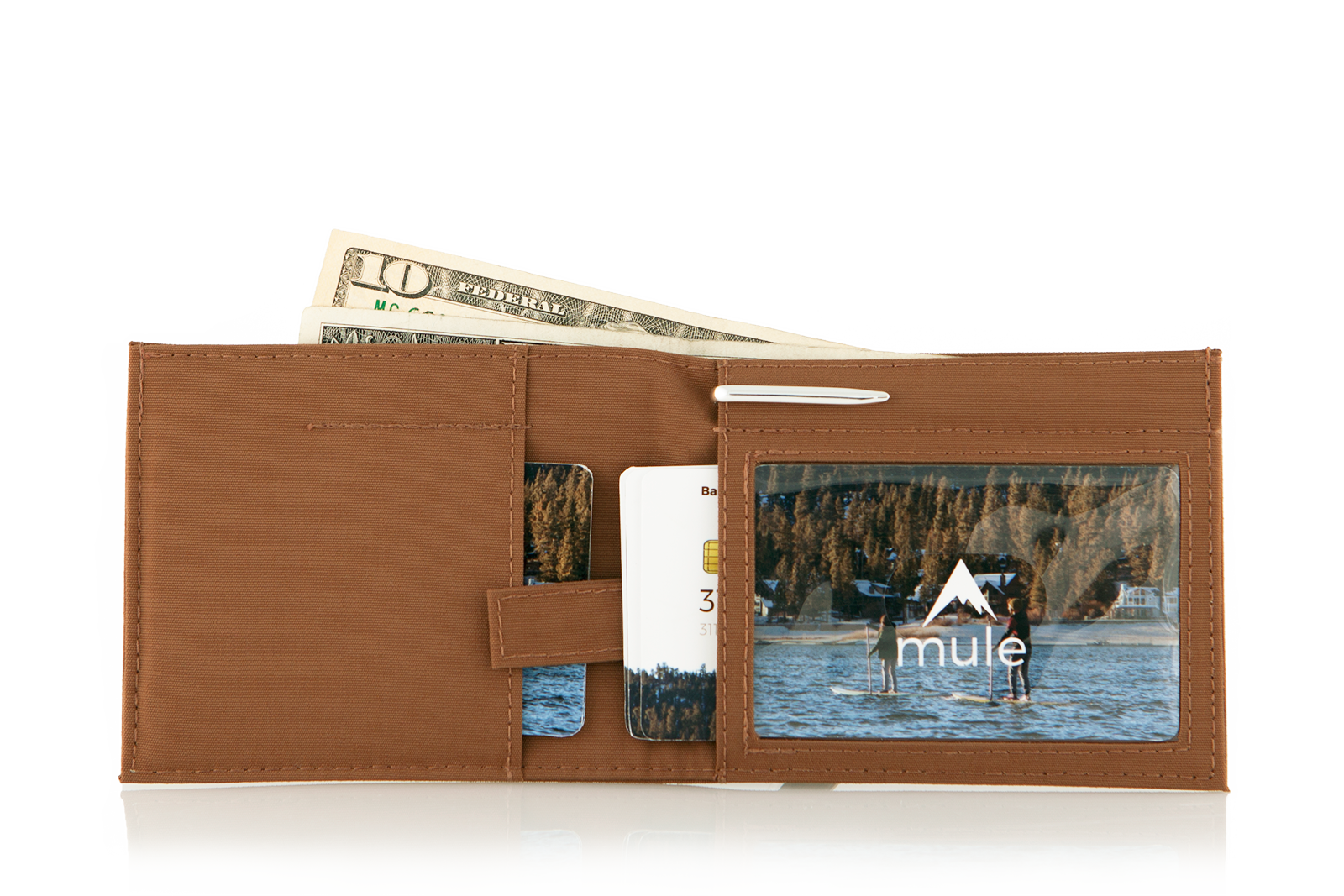 Open vegan nylon "Lookout" wallet in brown, displaying cards on the left and a rich interior, complete with a pull tab for hidden cards and an ID window on the right. Allett Lookout Nylon Wallet - brown