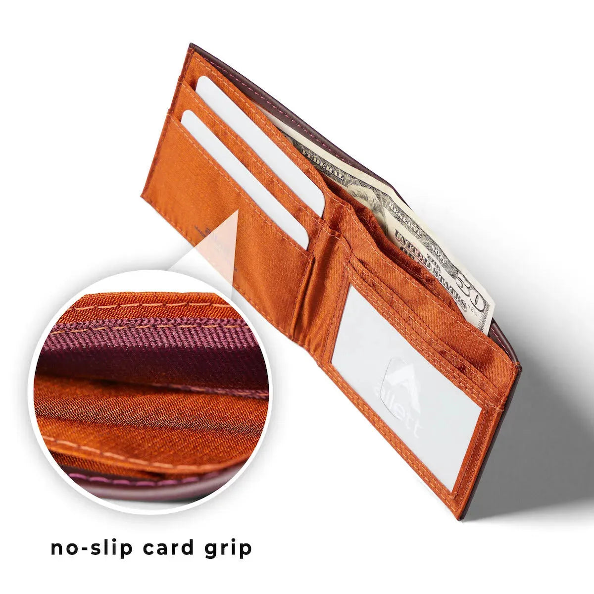 Merlot color leather wallet with a magnified close up of a small section to show the no-slip grip of the wallet. Allett id wallet leather merlot
