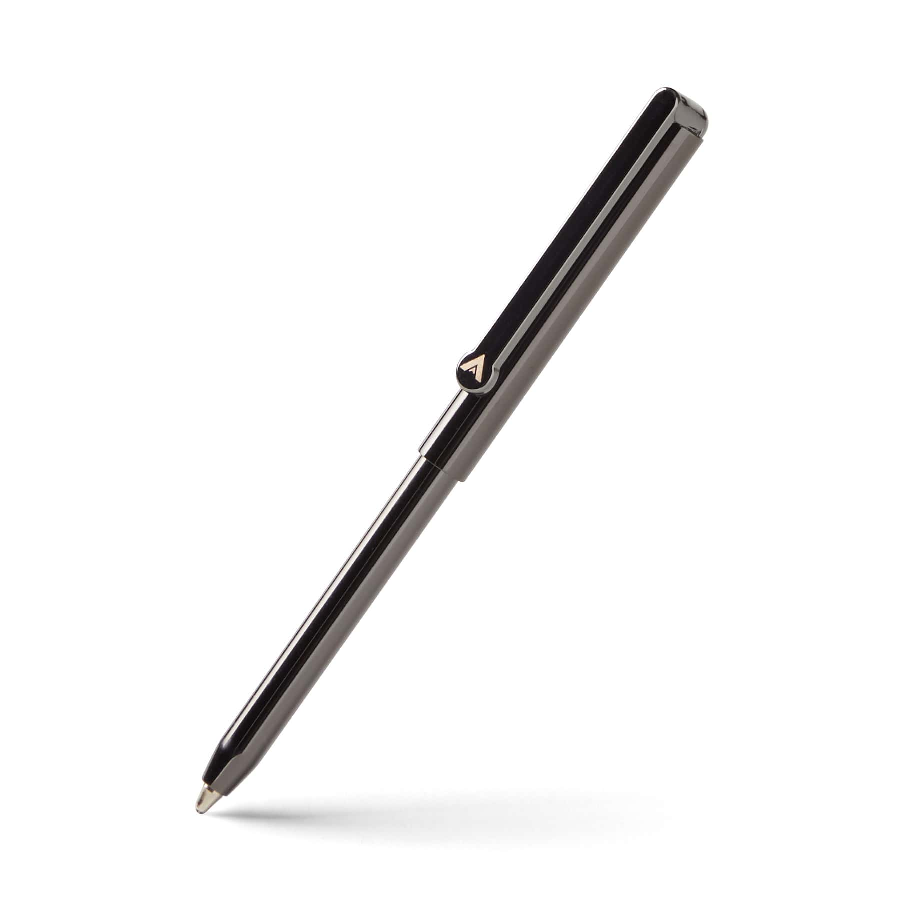 Picture of the Allett Micro Pen that fits inside of wallets. This micropen has a "gunmetal" finish.