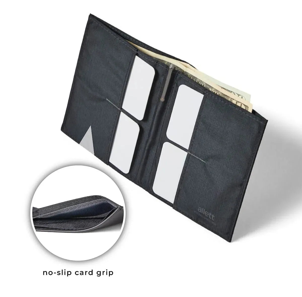 Allett's original onyx black leather wallet with 4 pockets for cards, two on each side of the wallet. The image shows a zoomed in section of the wallet with a grip to prevent cards from slipping. Allett Leather Original Wallet onyx-black