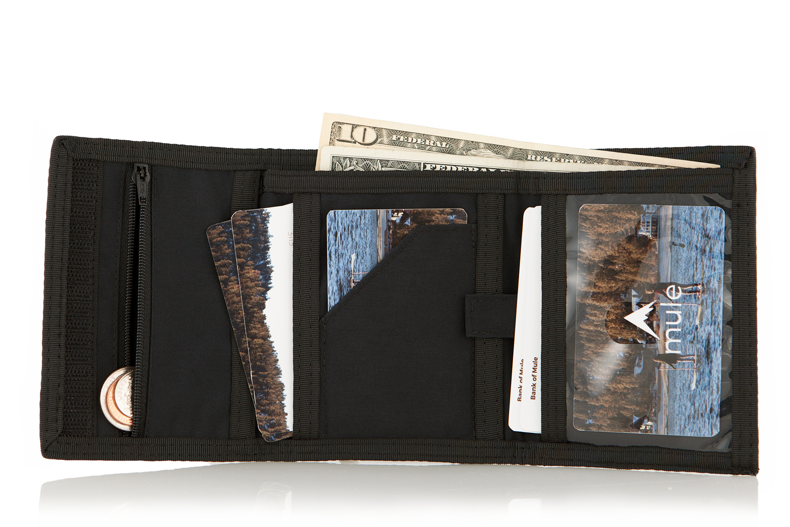 Open black leather "Switchback" trifold wallet, showcasing three sections with cards on the left, a pull tab for hidden cards, and an ID window on the right. Allett Switchback Leather Wallet - black