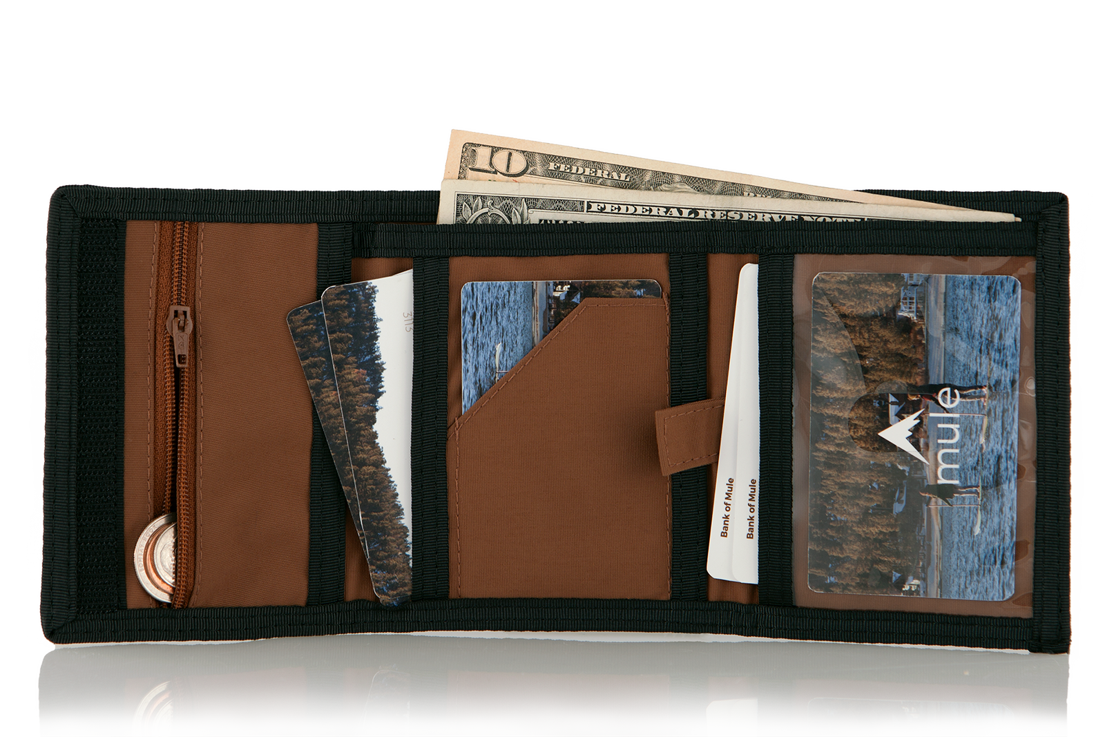 Open brown leather "Switchback" trifold wallet, revealing three sections with cards on the left, a pull tab for concealed cards, and an ID compartment to the right. Allett Switchback Leather Wallet - brown