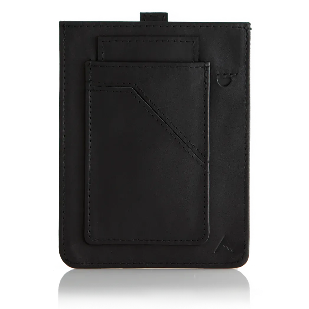 Empty black premium leather RFID travel wallet known as the Wayfinder Wallet from Allett, with its pull tabs and pocket visible. Allett Wayfinder Leather Wallet - black