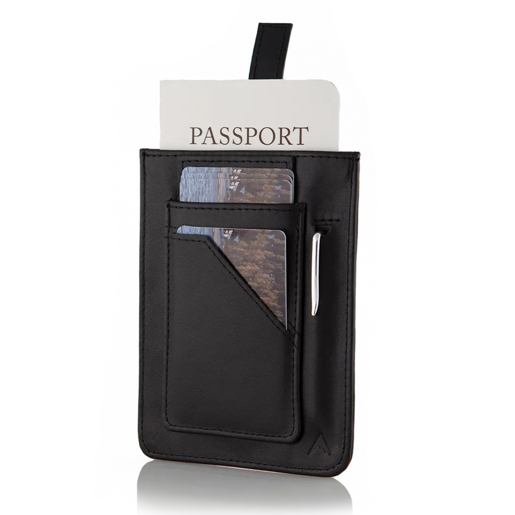 The black wayfinder leather wallet by Allett is viewed from the front, highlighting a tab for smoothly accessing cards and modern RFID protection. The exterior pocket visibly fits several cards. Allett Wayfinder Leather Wallet - black