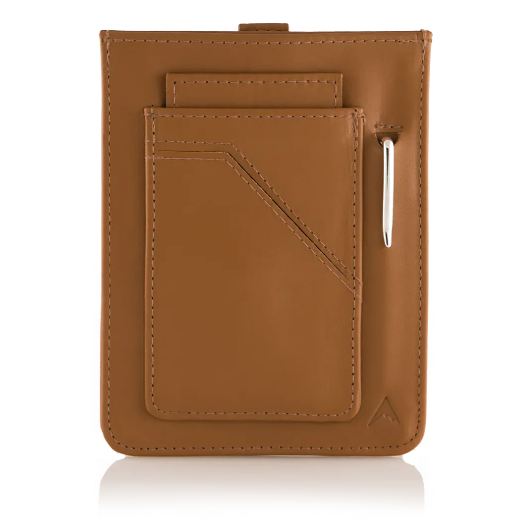 An unoccupied, brown-colored premium wayfinder wallet, crafted in ultra-thin leather, with a micro pen pocket harboring a pen, visible from the back. Allett Wayfinder Leather Wallet - brown