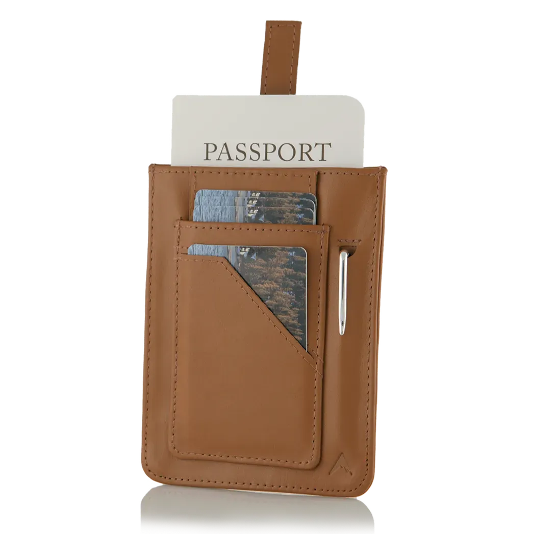 Front of a brown wayfinder leather wallet from Allett with a tab to pull out cards and RFID technology. Multiple cards fit in a visible exterior pocket. Allett Wayfinder Leather Wallet - brown