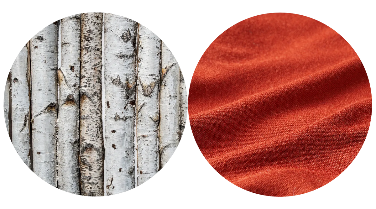 Side by side photos of beech tree bark (left) and red fabric (right) to show that a renewable tree can be made into sustainable wallets.