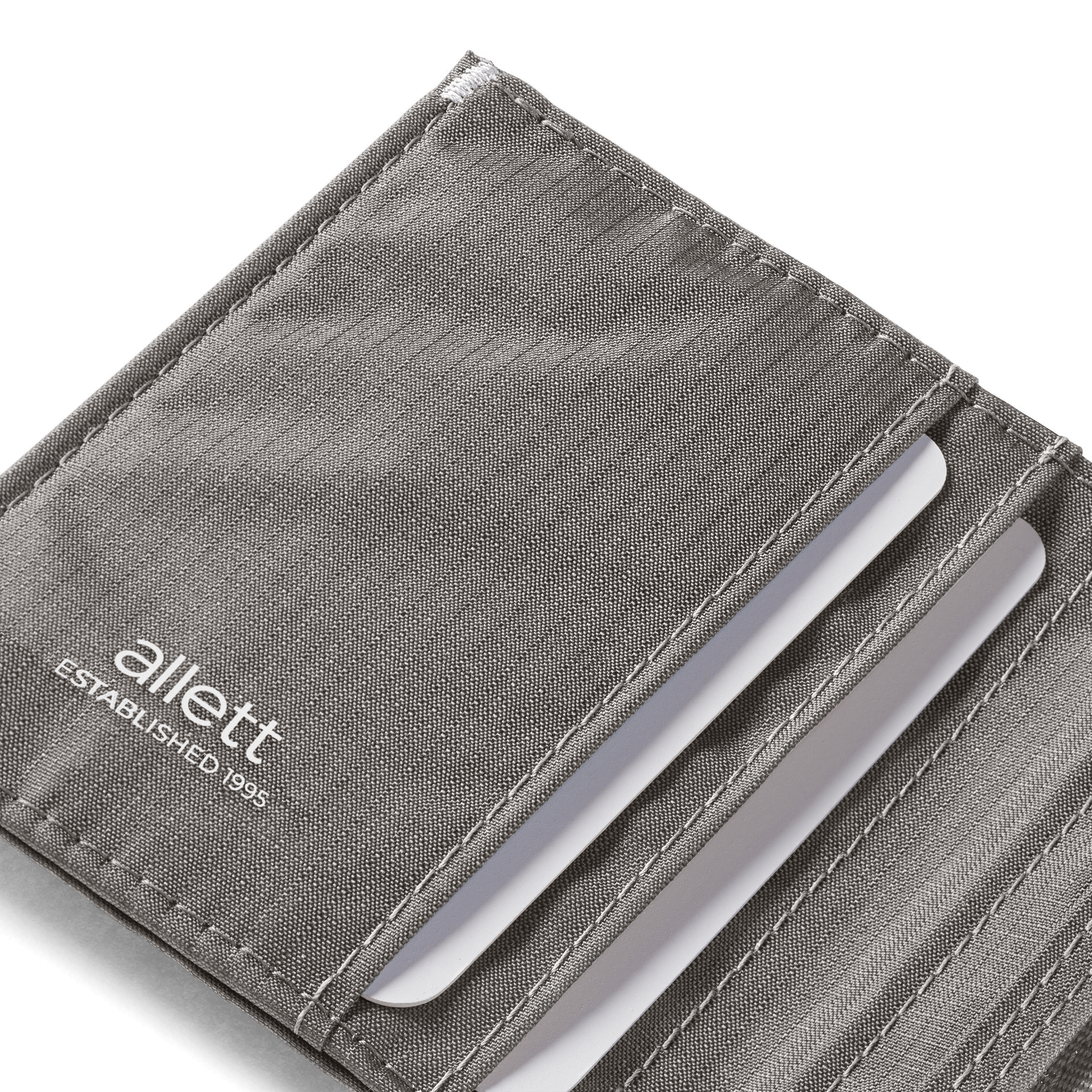 Gray cardholder with metal cards inside, featuring the 'allett' brand.