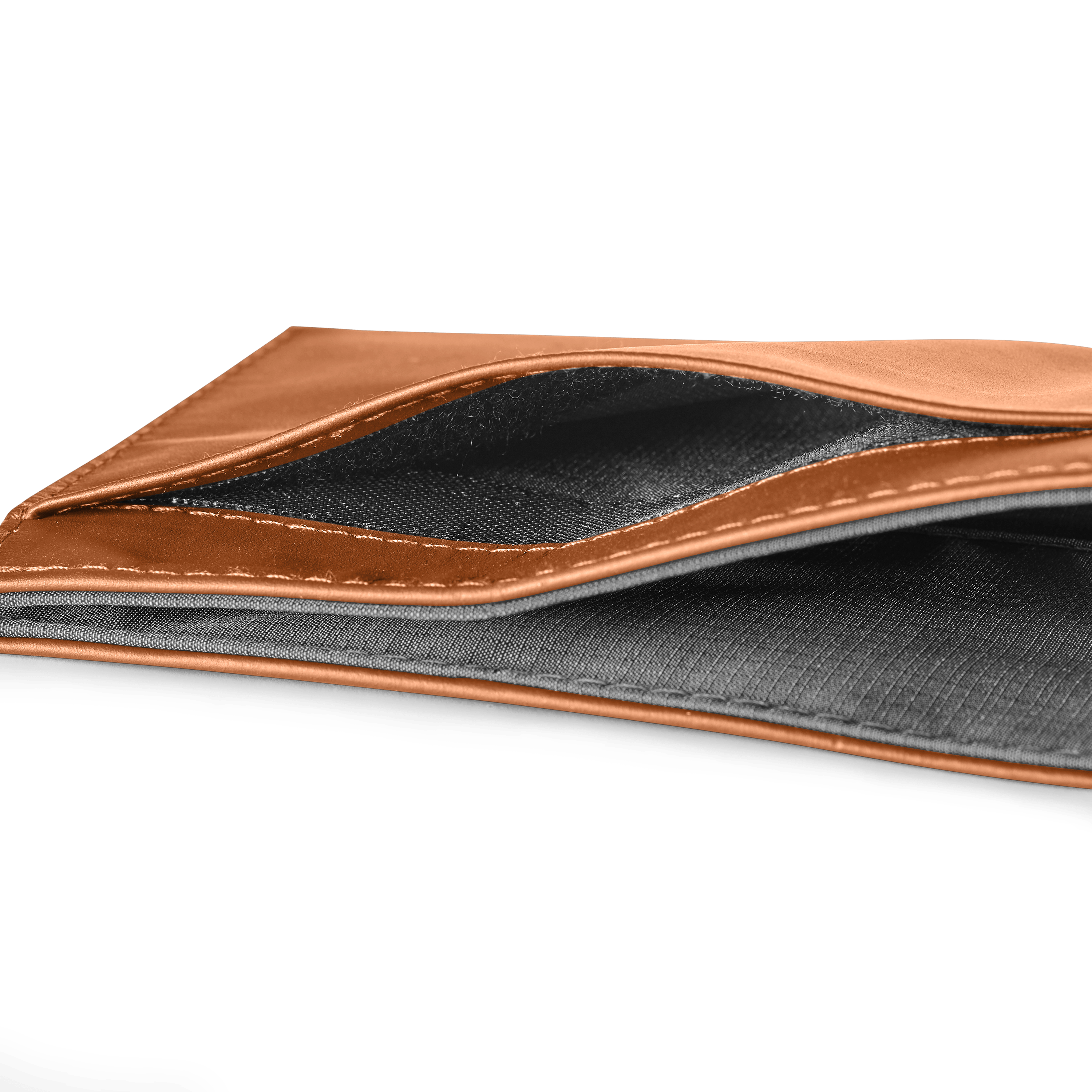 Close-up of a brown Allett leather wallet with gray interior on a transparent background