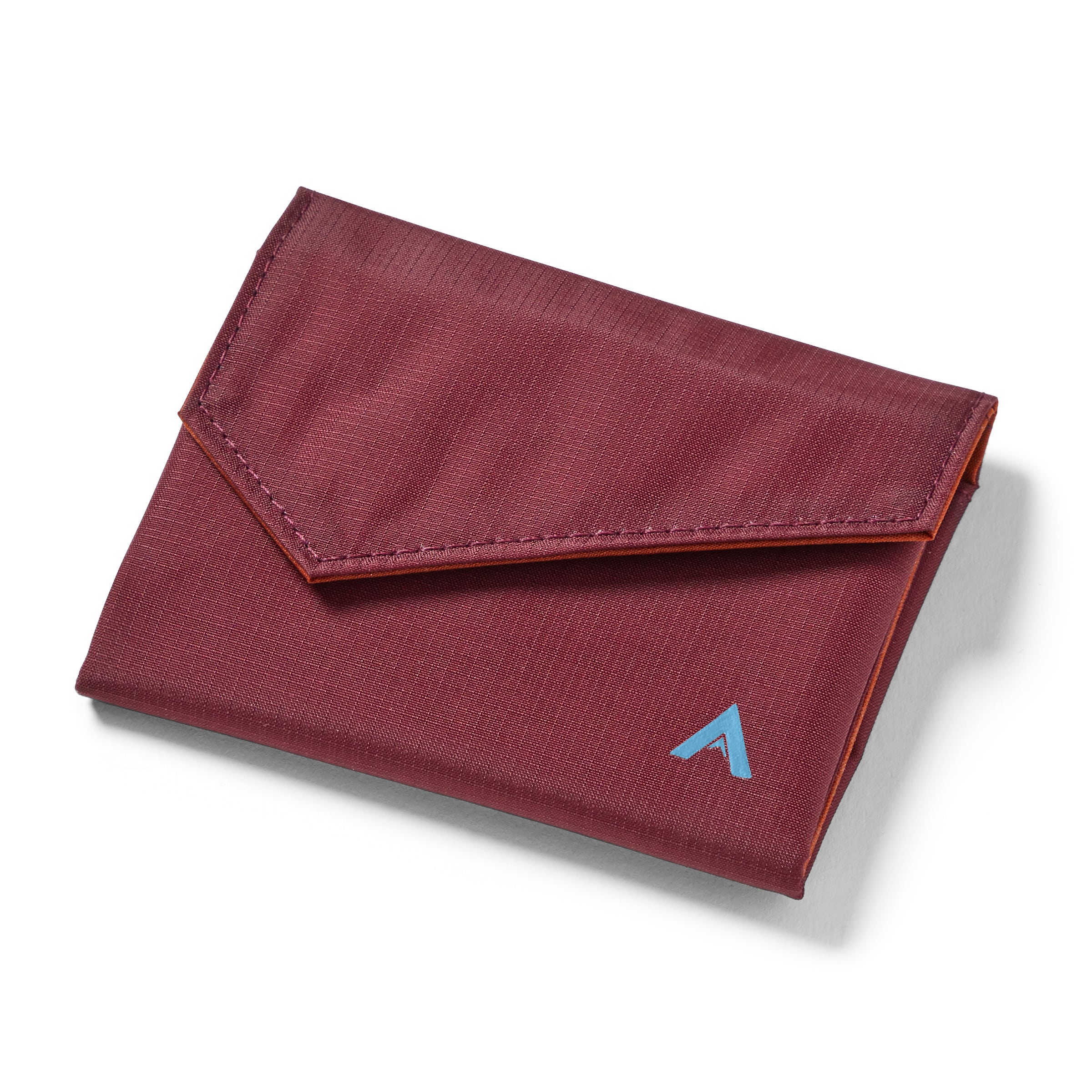 Closed merlot vegan nylon accordion wallet against a white background, the Allett logo visible on the bottom right, and an angled, slightly triangular flat in the front. Allett Accordion Wallet in RFID Blocking Nylon  mulberry