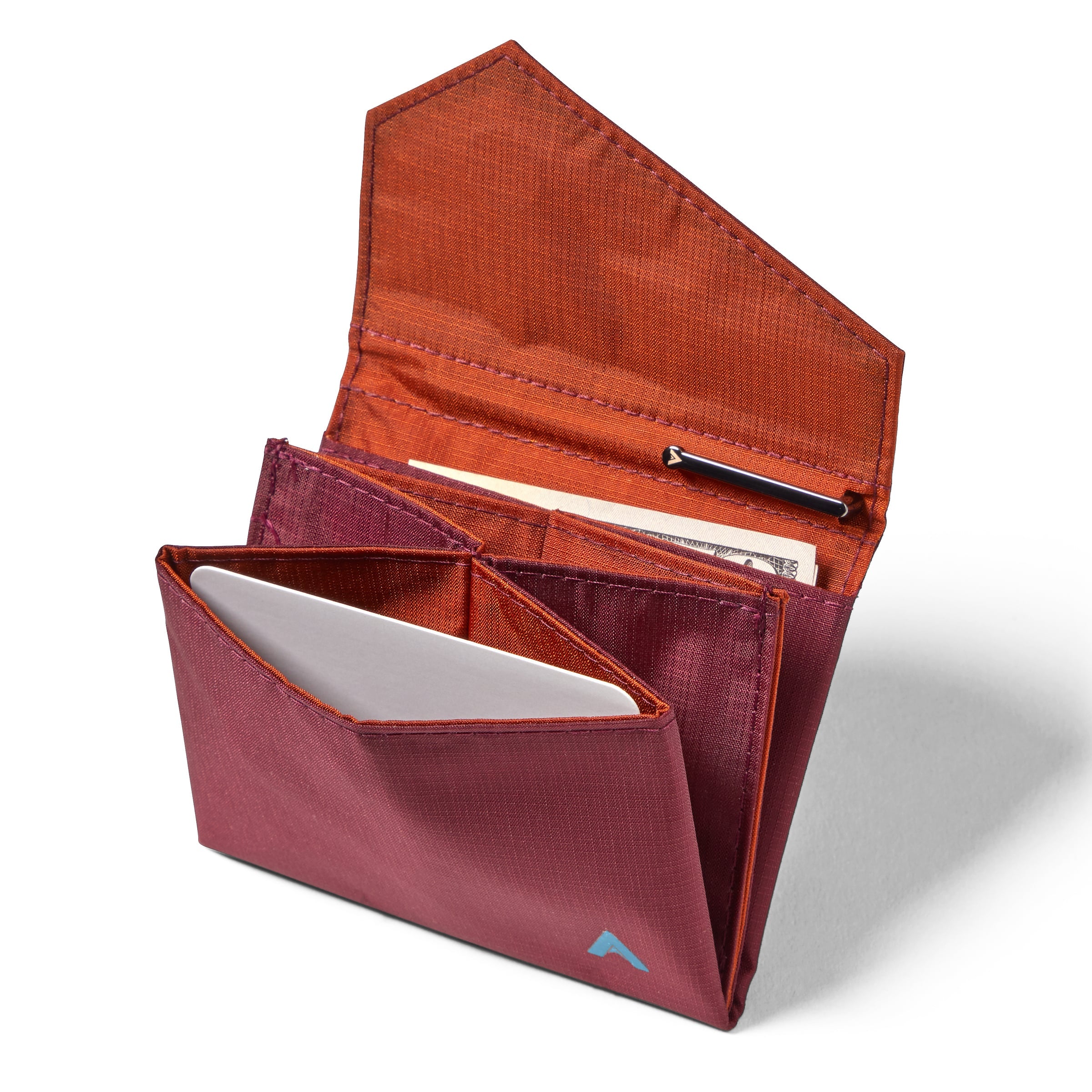 Allett's merlot vegan nylon accordion wallet with the flap lifted to reveal multiple pockets for credit cards and cash, along with a space visible on the inside flap interior. Allett Accordion Wallet in RFID Blocking Nylon  mulberry
