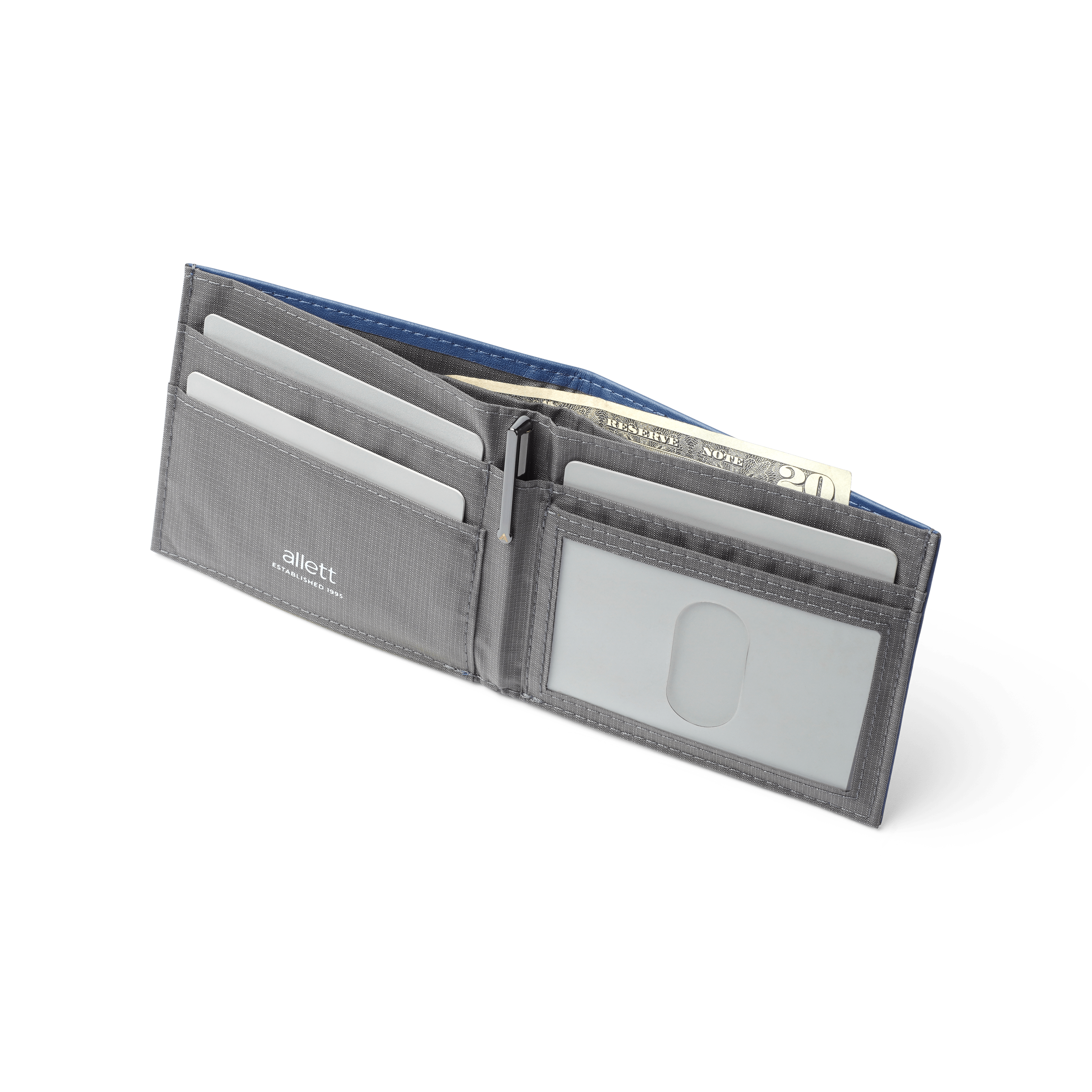 Cobalt Blue wallet opened with Allett logo on a transparent background
