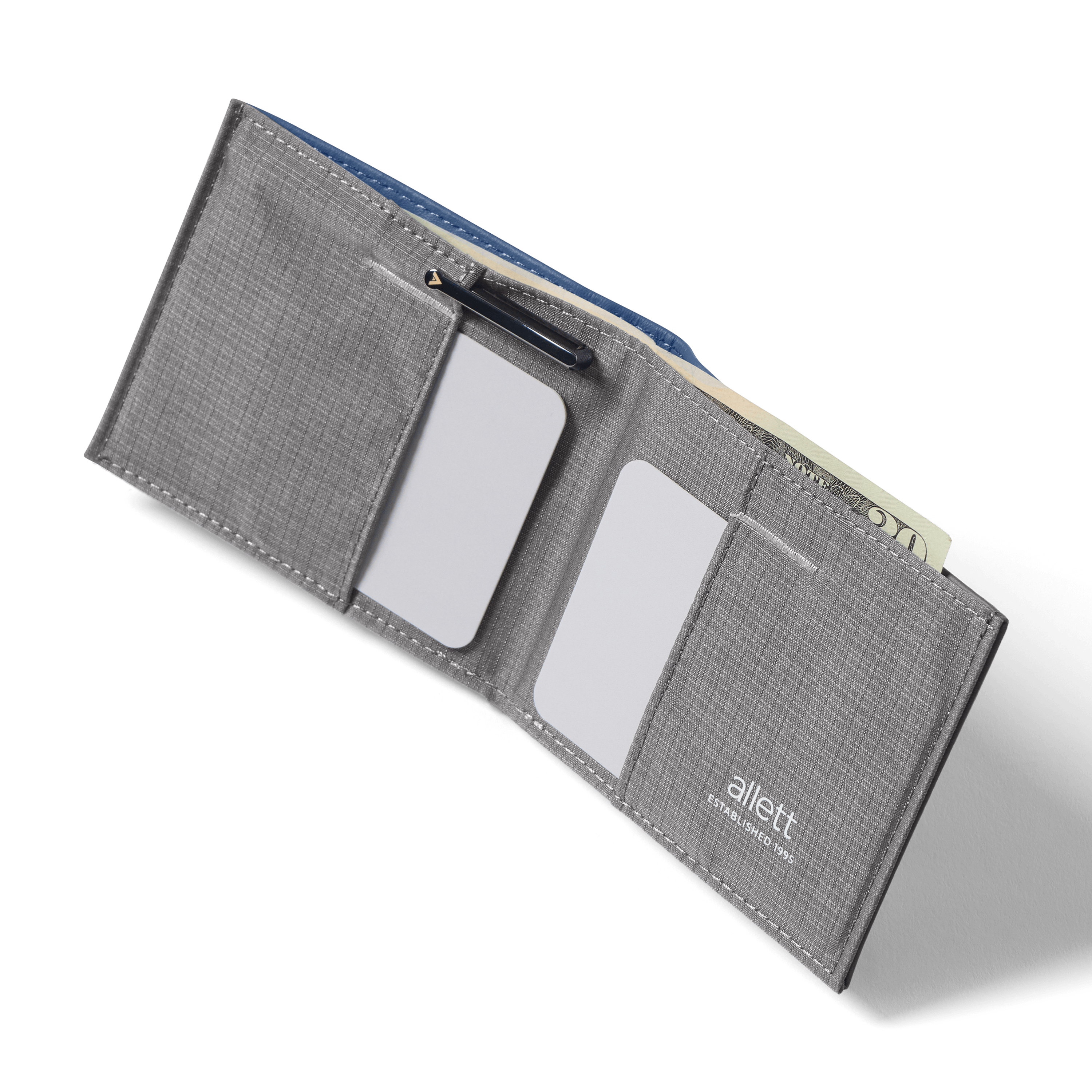 Opened Allett wallet with multiple card slots and a pen, featuring the brand 'alett'.