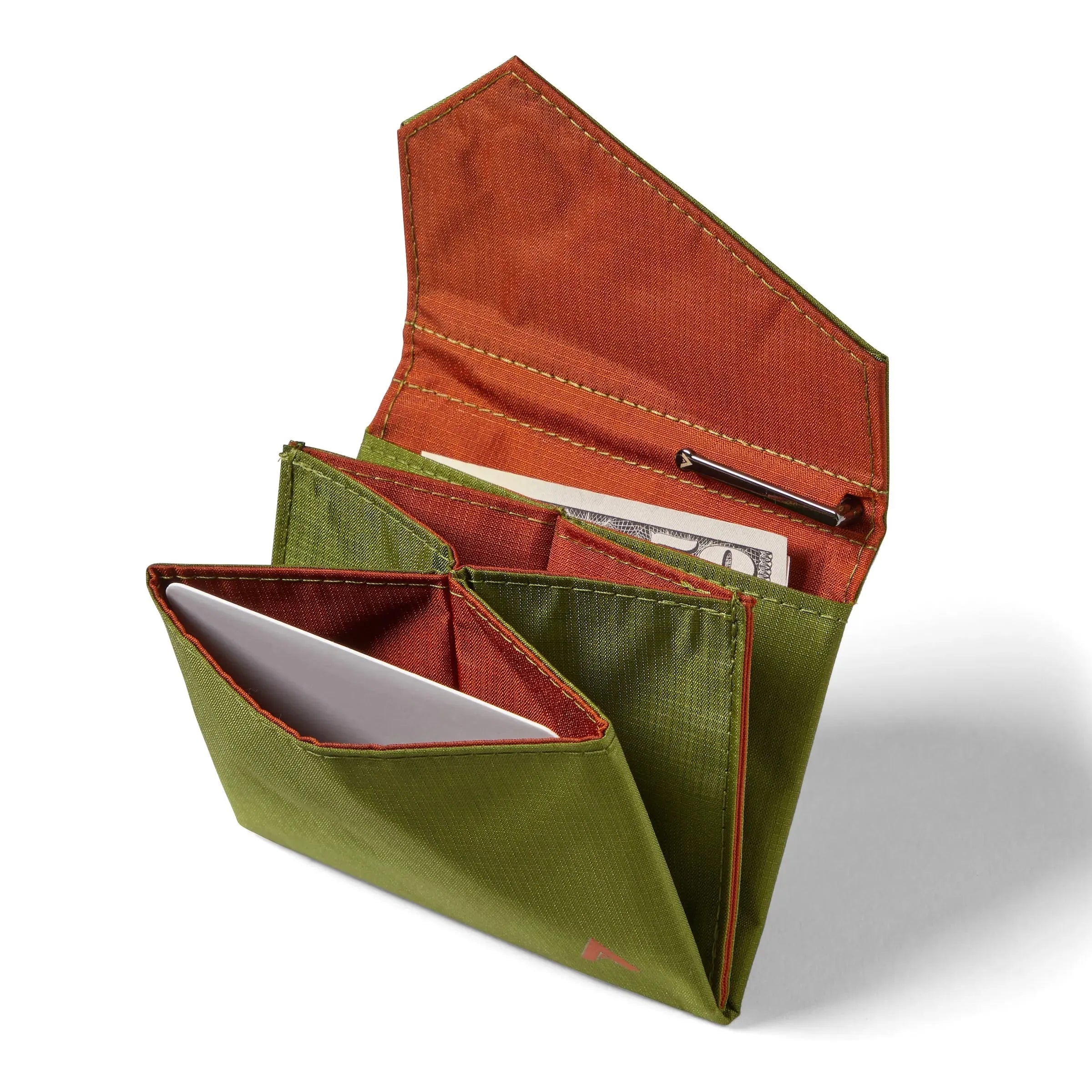 Open view of the cala green nylon accordion wallet by Allett, with the flap lifted to expose a clay interior, pockets for cards and money, and a space inside. Allett Accordion Wallet in RFID Blocking Nylon cala-green