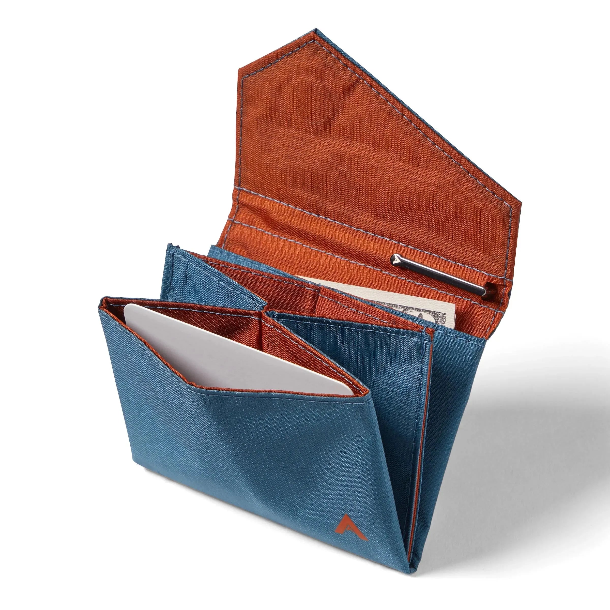 The indigo blue nylon accordion wallet by Allett, opened to unveil various slots for credit cards and currency, an orange nylon interior, and compartment inside the flap. Allett Accordion Wallet in RFID Blocking Nylon  indigo-blue