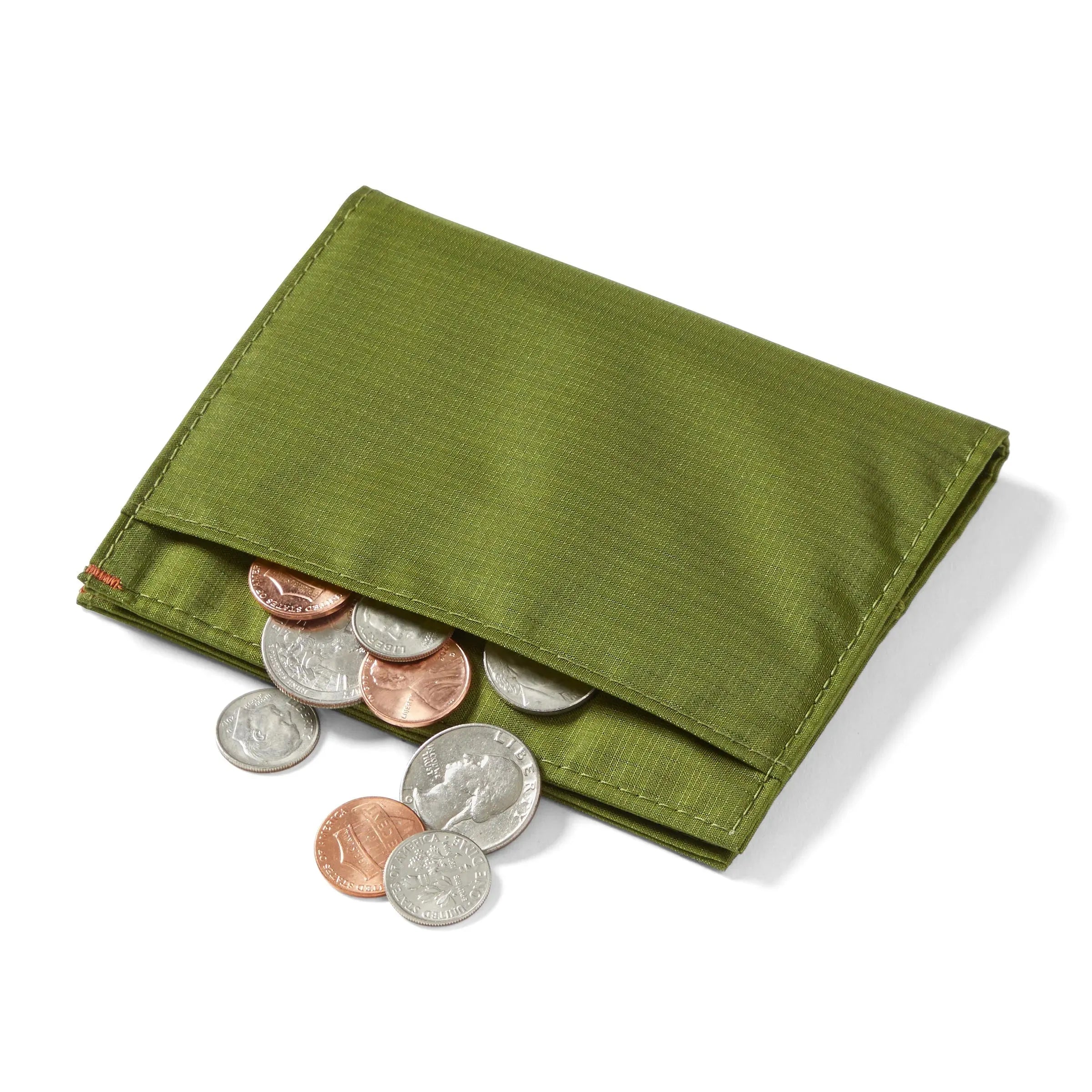 Coins emerging from the external pocket of the cala green Allett RFID nylon coin wallet. Allett Coin Wallet 2.0 RFID Nylon cala-green