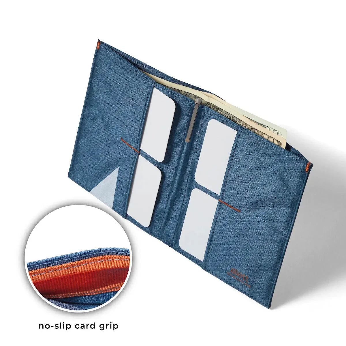 Close up of the No Slip Card Grip in the The Original nylon wallet indigo-blue