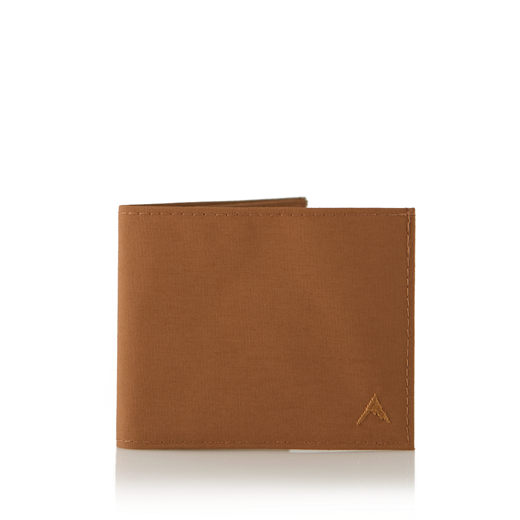 Brown nylon "Lookout" wallet, snapped shut and positioned against a crisp white background. Allett Lookout Nylon Wallet - brown