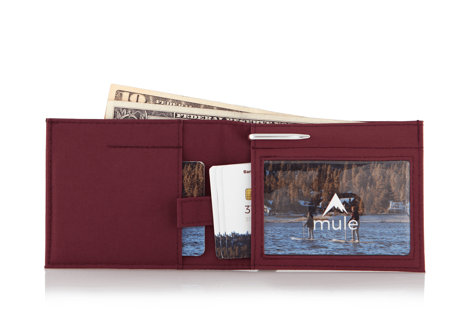 Open oxblood vegan nylon "Lookout" wallet, showcasing cards to the left, a luxurious interior, a pull tab for concealed cards, and an ID window to the right. Allett Lookout Nylon Wallet - oxblood