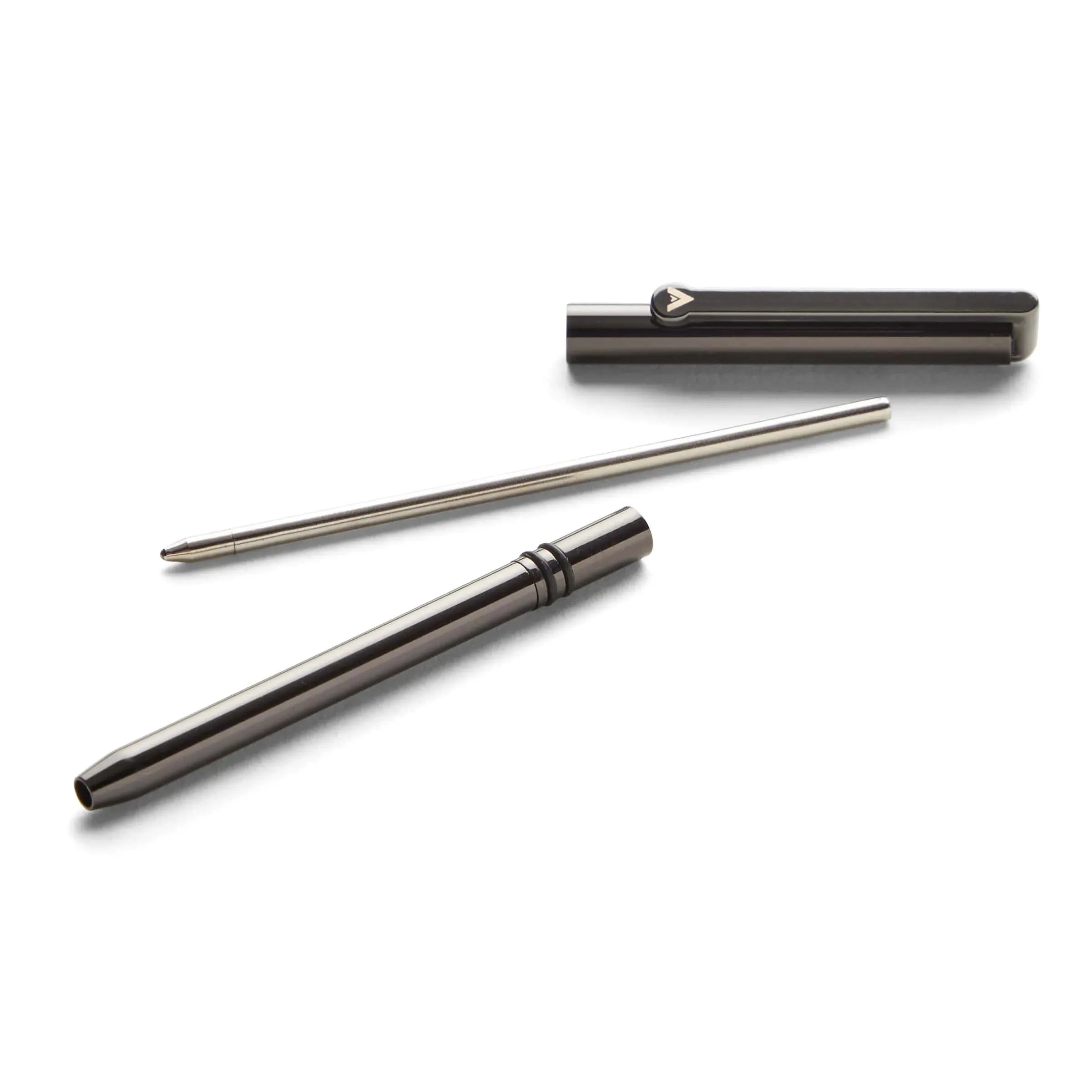 Allett Micro Wallet Pen deconstructed to show 3 parts, brass with a gunmetal finish