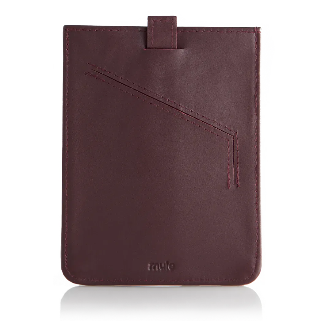Back of the oxblood wayfinder travel wallet with a visible pull tab up top. Allett Wayfinder Leather Wallet - oxblood