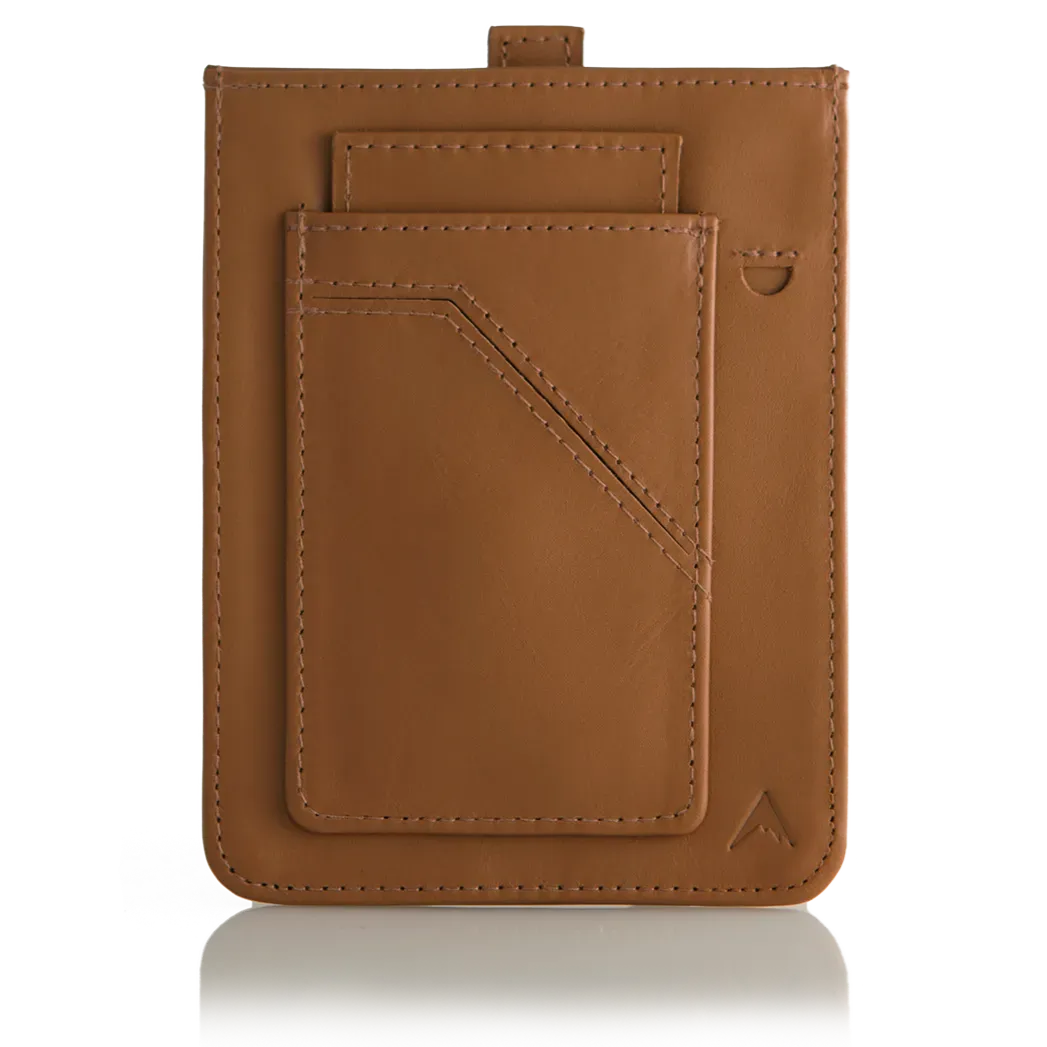 A brown, empty wayfinder leather wallet from Allett, designed with a special pull-tab feature for accessing cards and equipped with RFID technology. Allett Wayfinder Leather Wallet - brown