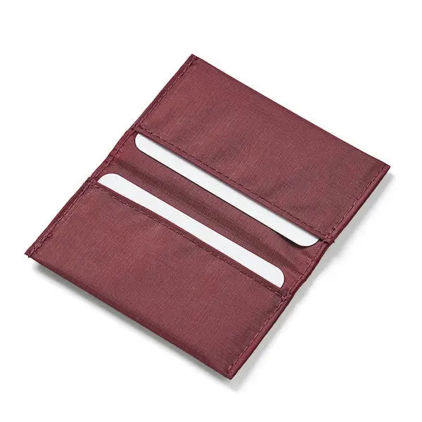 A spread-out look at the supremely slender vegan card wallet in mulberry, woven from rugged nylon by Allett. - mulberry